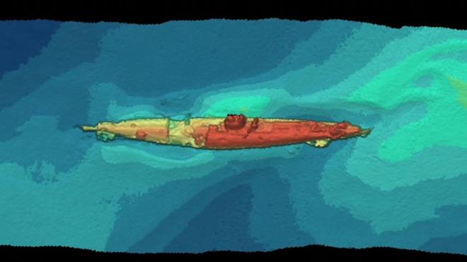 Изображение подводной лодки на экране сонара