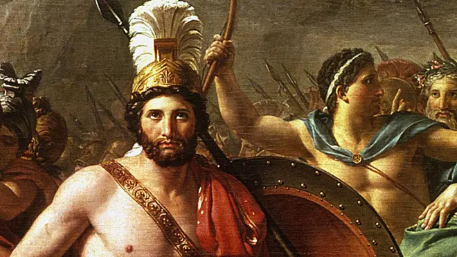 Leonidas en las Termópilas (1814). Leonidas, rey de Esparta, en el pase de las Termópilas con sus hombres luchando contra el ejército persa en una obra del pintor francés Jacques Louis David (1748-1825)