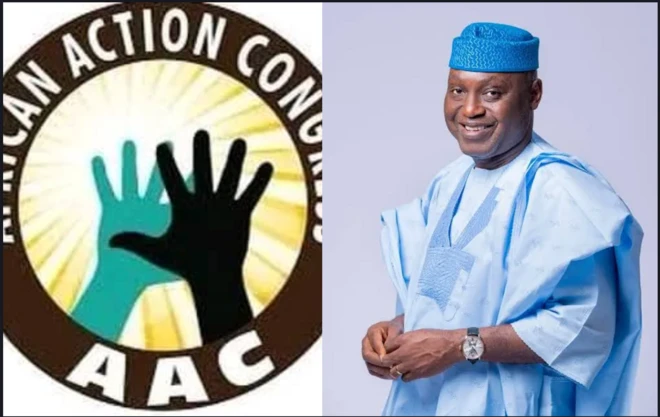 Asia ẹgbẹ oṣelu AAC wa ni apa osi, aworan Gomina Biodun Oyebanji to wọ aṣọ olomi aro ati fila olomi aro wa ni apa ọtun