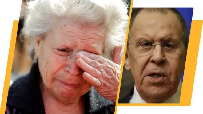 Жінка плаче. Міністр закордонних справ Росії Сергій Лавров.