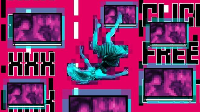 Abstract image composition - woman falling, computer screens, purple and bright pink background