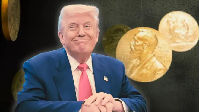 Колаж - Трамп усміхається на тлі Нобелівських медалей