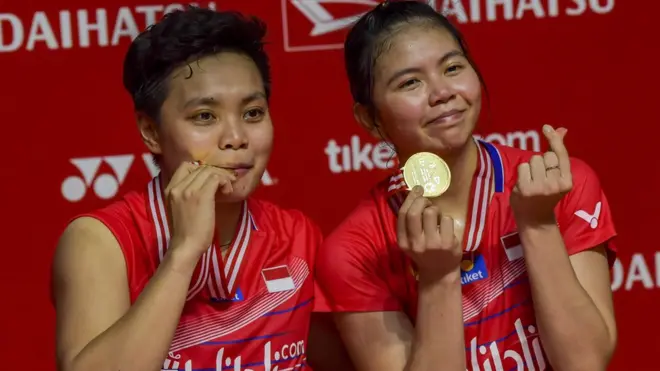 Greysia/Apriyani berhasil meredam perlawanan sengit pasangan Denmark, Maiken Fruergaard/Sara Thygesen, di babak final Indonesia Masters 2020 di Istora Senayan.