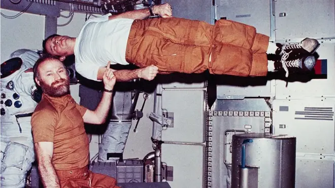 Jerry Carr finge sostener a un Ed Gibson que flota sin gravedad con un dedo.