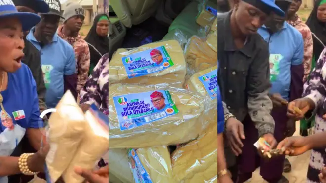 Obinrin to wọ aṣọ ati fila olomi buluu n pin irẹsi, burẹdi ti awọran AMBO wa lara rẹ