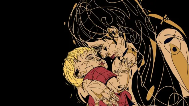 Mother cuddling her child