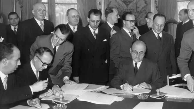 توقيع إعلان شومان الذي أسفر لاحقا عن ميلاد الاتحاد الأوروبي