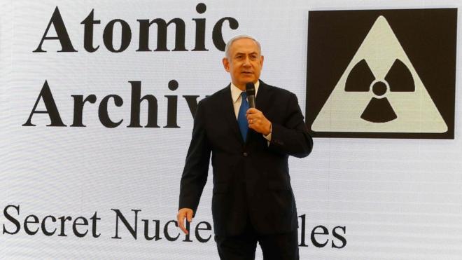 Israeli Prime Minister Benjamin Netanyahu delivers a speech on Iran's nuclear program at the defence ministry in Tel Aviv, 30 April 2018