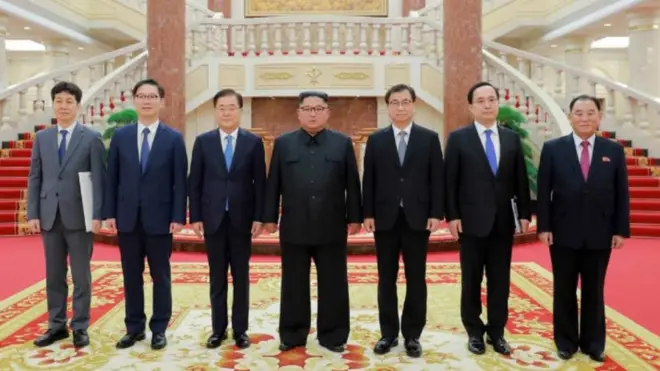 정의용 국가안보실장을 단장으로 하는 대북 특별사절단이 북한 노동당 본부청사에서 북한 김정은 국무위원장을 면담했다고 노동신문이 6일 보도했다