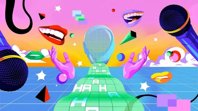 Illustration d'un humoriste, de microphones et de bouches rieuses