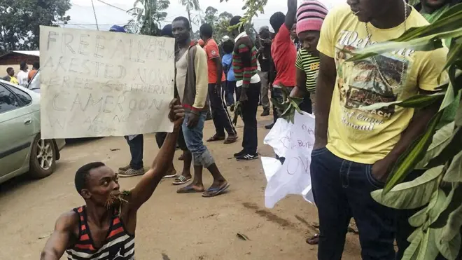 Cameroon English speaking region dey protest marginalization.