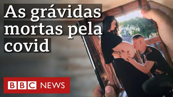 Larissa com o marido, que beijah2bet como funcionabarriga, e o texto: "As grávidas mortas pela covid"