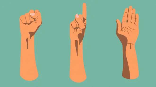 Señales de mano: puño en el aire, un dedo señalando hacia arriba y una palma