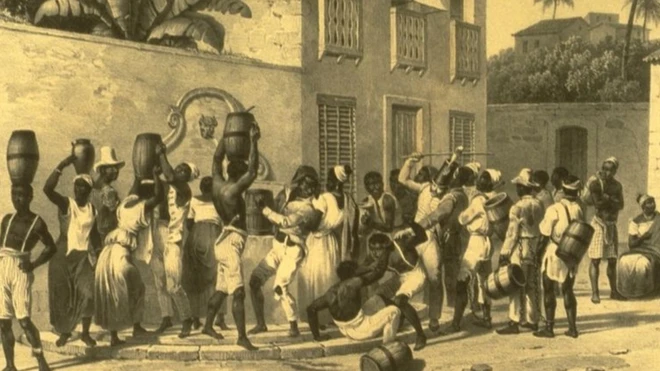 Escravizados urbanos coletando água no Brasil da década de 1830