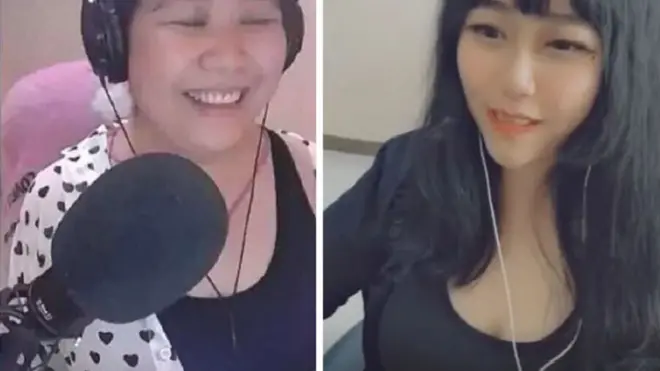 Your Highness Qiao Biluo's real appearance (left) and one of her filtered faces (right) from an earlier livestream on Douyu