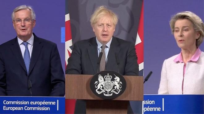 Barnier, Johnson and von der Leyen
