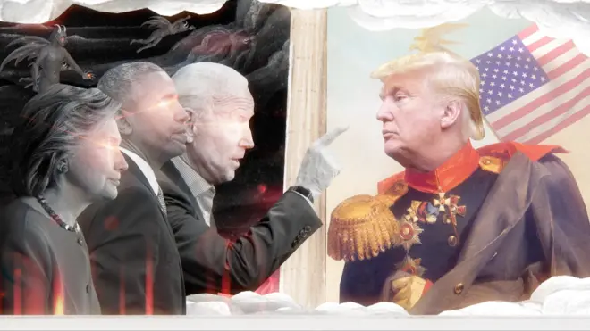 illustration showing Hillary Clinton, Barack Obama and Joe Biden, with Donald Trump