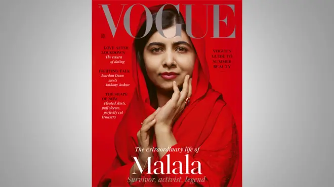 Malala tampil mengenakan jilbab merah di sampul majalah Vogue Inggris edisi Juli.