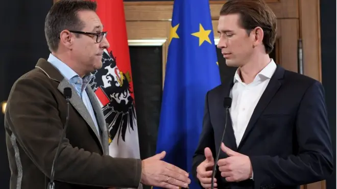 Sebastian Kurz (der.) y el Partido de la Libertad de Heinz-Christian Strache alcanzaron un gobierno de coalición.