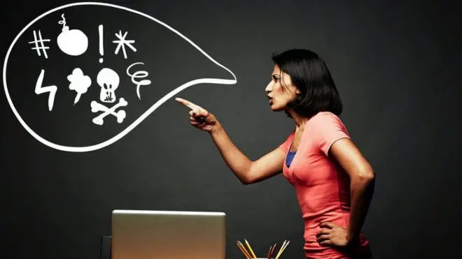 A woman with a speech bubble saying harsh things