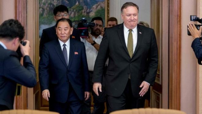 Kim Yong-chol and Mike Pompeo during talks in Pyongyang