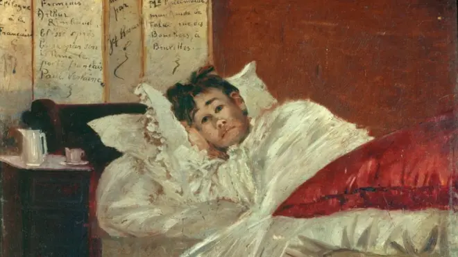 Arthur Rimbaud was portrayed in this Jef Rosman painting in his bed after Verlaine had lightly wounded him
