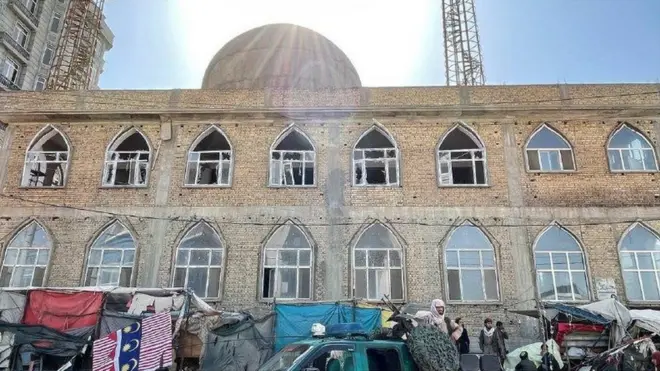 The Seh Dokan mosque stands in a busy area of Mazar-e-Sharif, a city in northern Afghanistan