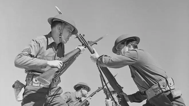 These soldiers of the 167th Infantry from Alabama, in training here, are shown in bayonet maneuvers. This maneuver is called "pairing", and is used in close combat