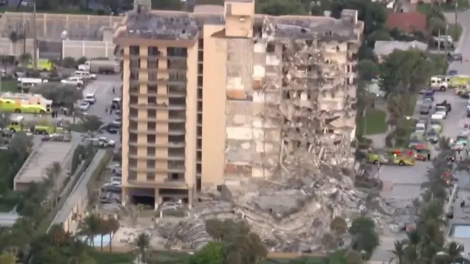 Aerial shot of the collapsed building