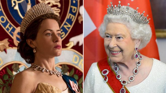 Claire Foy as Queen Elizabeth in Netflix series The Crown (L) and Queen Elizabeth II (R)