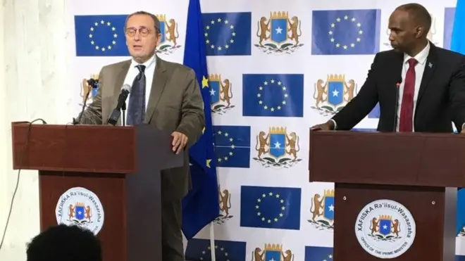 Ra'isal wasaaraha Soomaaliya Xasan Cali Kheyre iyo Wakiilka midowga Yurub u gaabilsan Iskaashiga iyo Horumarinta caalamiga Neven Mimica