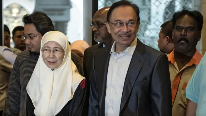 File photo: Anwar Ibrahim (C) and his wife Wan Azizah in 2014