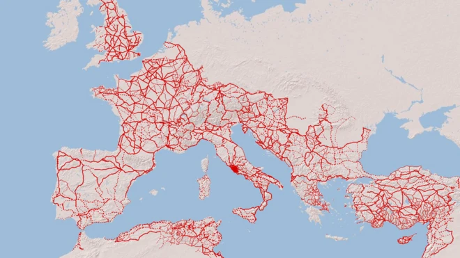 Este mapa muestra la intricad red de calzadas construida por el Imperio romano.