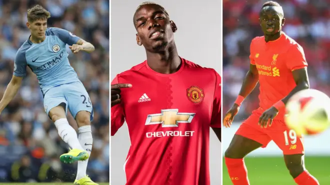 (Soldan sağa) John Stones, Paul Pogba and Sadio Mane