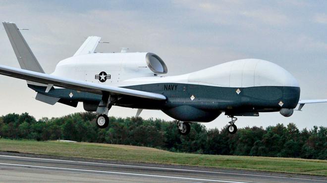 A US Navy MQ-4C Triton unmanned aircraft system prepares to land at Naval Air Station Patuxent River, Md., Sept. 18, 2014, after completing a cross-country flight from California. The Triton will conduct flight testing at Patuxent River in preparation for an operational deployment in 2017. (US Navy photo by Kelly Schindler