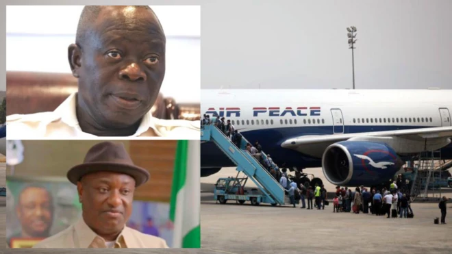 Fotos of Senator Adams Oshiomole, Festus Keyamo and Air Peace aircraft