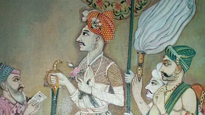 मध्यभागी सदाशिवराव भाऊ, डावीकडे इब्राहिमखान गारदी आणि पेशव्यांचे अन्य सेवक.