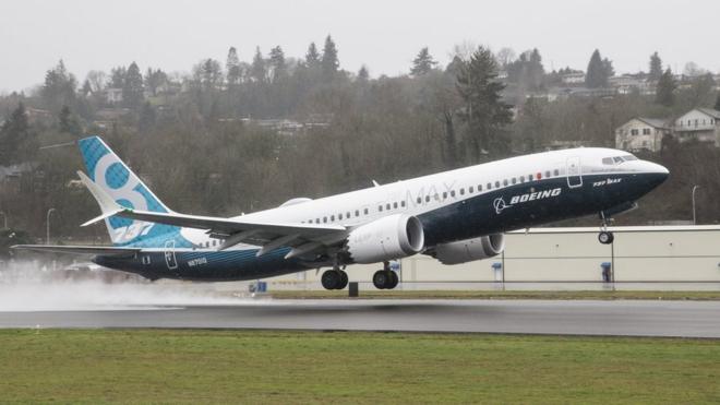 A Boeing 737 MAX 8 airliner lifts off for its first flight in January 2016