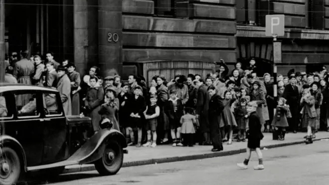 Queues outside the Public Health Department in Cochrane Street, Glasgow in April, 1950