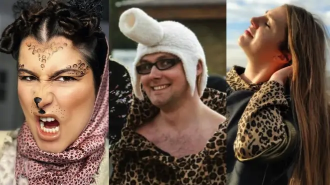 Three people wearing leopard skin clothes and costumes