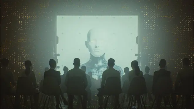 Artistic image show followers gathering in front of a screen with an AI-generated figure