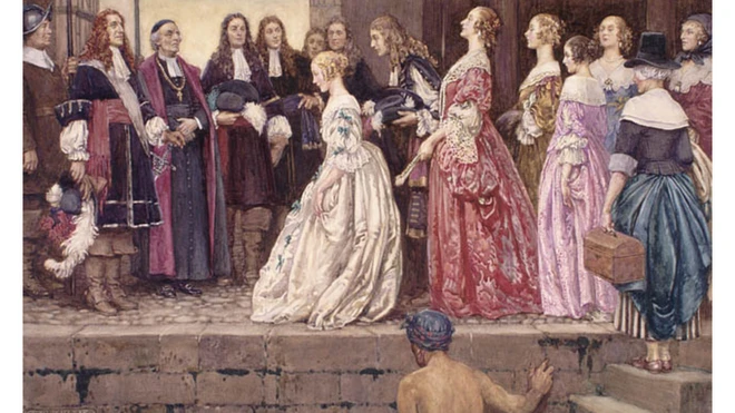 La escena de esta pintura retrata a algunas de las mujeres que llegaron a Quebec para casarse con canadienses de origen francés.