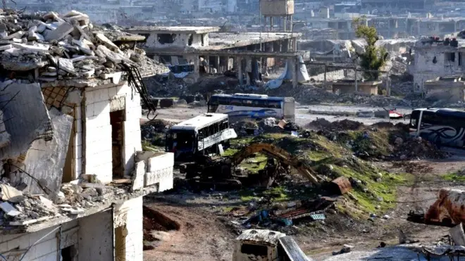 Сирійські дерджавні ЗМІ повідомляють, що у неділю автобуси для евакуації заїхали до східного Алеппо, однак протягом кількох годин не змогли виїхати звідти