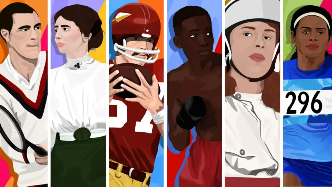 (L-R) Bill Tilden, Freda du Faur, Jerry Smith, Panama Al Brown, Roberta Cowell, Dutee Chand