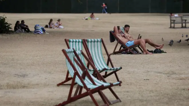 由於持續乾旱高溫，倫敦海德公園的草坪罕見地出現了枯黃。氣象部門稱，這個夏天創下1961年以來的乾旱紀錄。