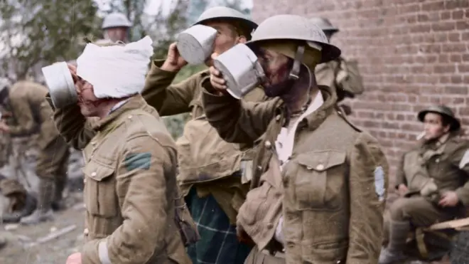 Canadian wounded enjoying a cup of tea at Advanced Dressing Station, October 2018