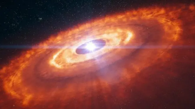 ภาพจำลองของจานฝุ่นก่อกำเนิดดาวเคราะห์ ซึ่งประกอบด้วยวงแหวนหลายชั้นล้อมรอบดาวฤกษ์อายุน้อย