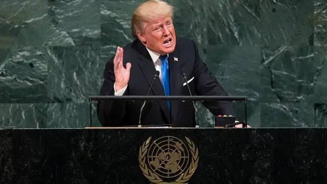 President Donald Trump dey address di 72nd session of di United Nations General Assembly September 19, 2017