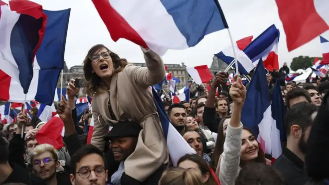 أنصار ماكرون يحتفلون بفوزه في محيط الإليزيه