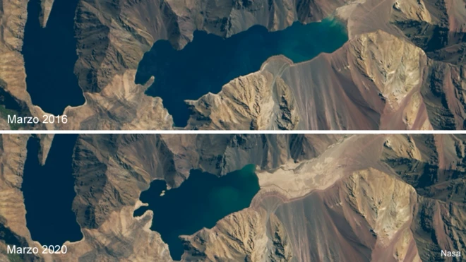 Imágenes del embalse El Yeso, Chile en 2016 y 2020